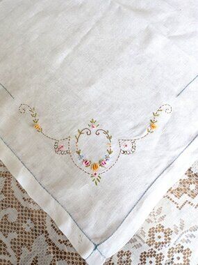 Vintage White Linen Tablecloth Table Topper Hand Embroidered Floral 32" Square
